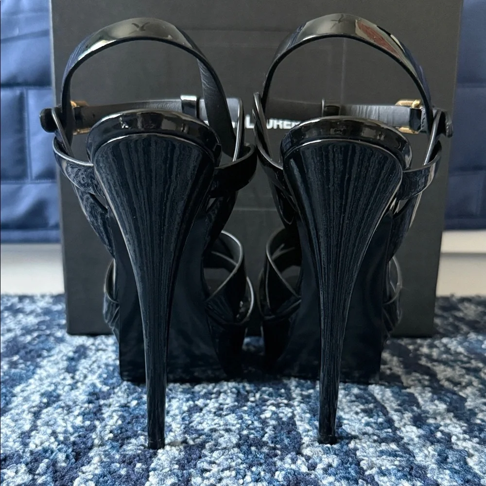 Yves Saint Laurent Women's Tribute Black Patent T-Strap Platform Sandals - Picture 14 of 17